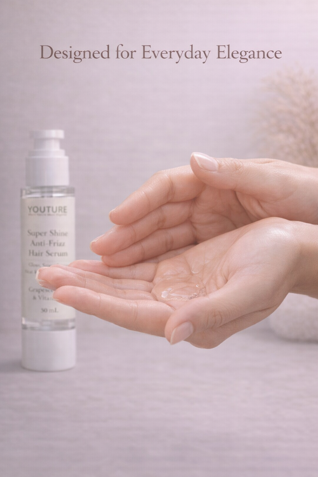 Applying YOUTURE Super Shine Anti-Frizz Hair Serum on hands showing lightweight, clear, non-greasy texture for everyday hair care
