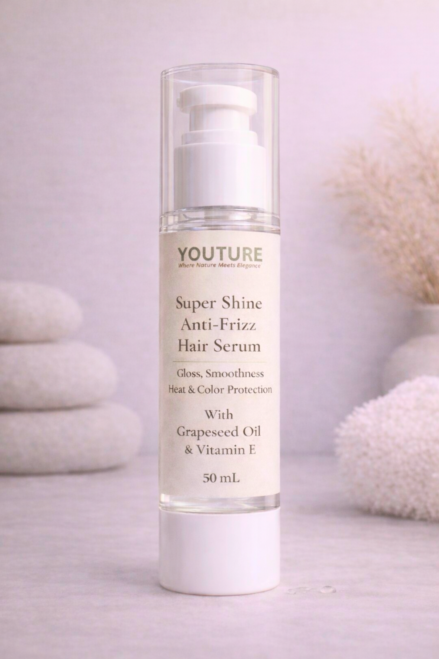 YOUTURE Super Shine Anti-Frizz Hair Serum 50ml in an airless pump bottle, showing a clear, colorless and fragrance-free serum formula.