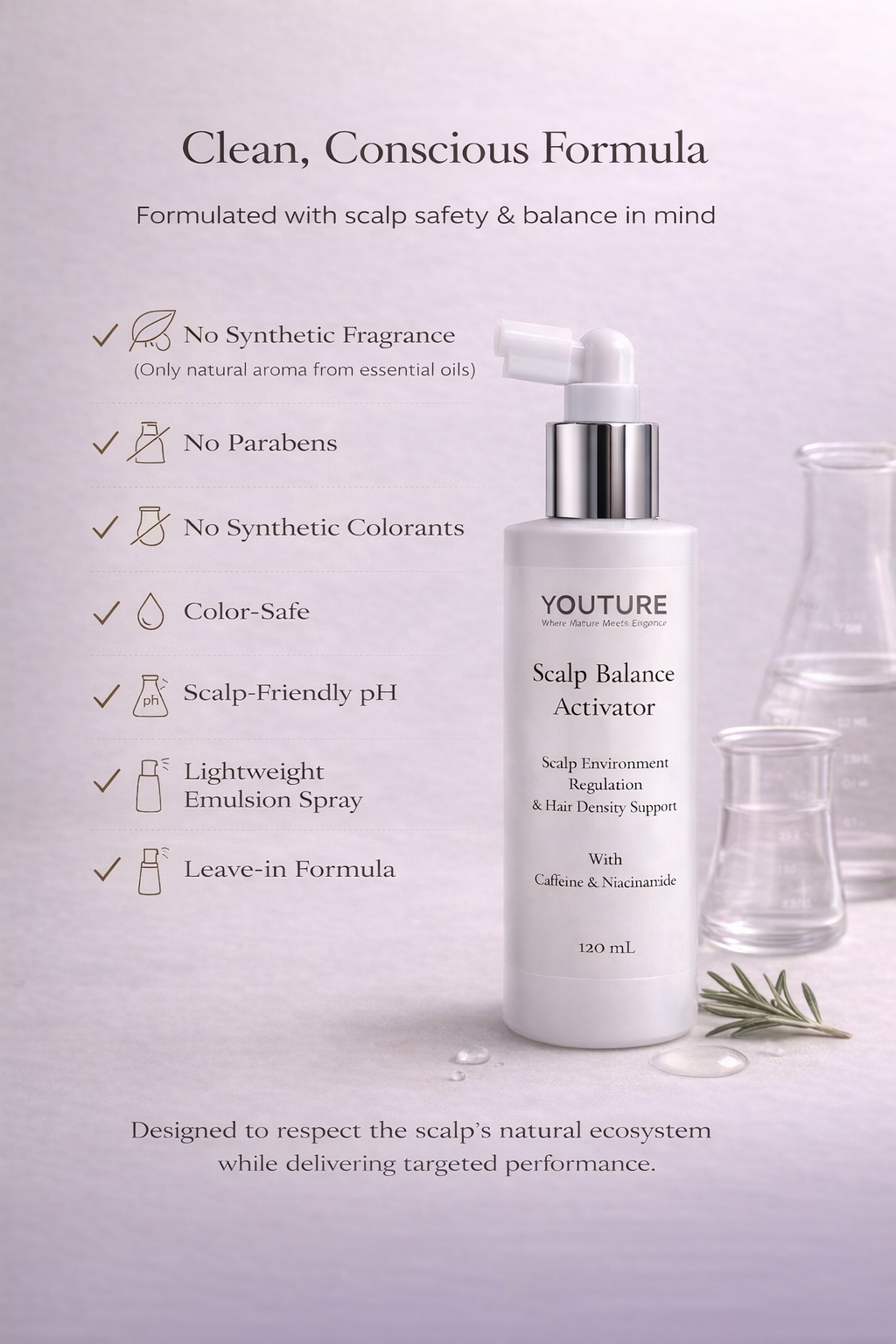 Clean formula of YOUTURE Scalp Balance Activator with no synthetic fragrance, no parabens and scalp friendly pH