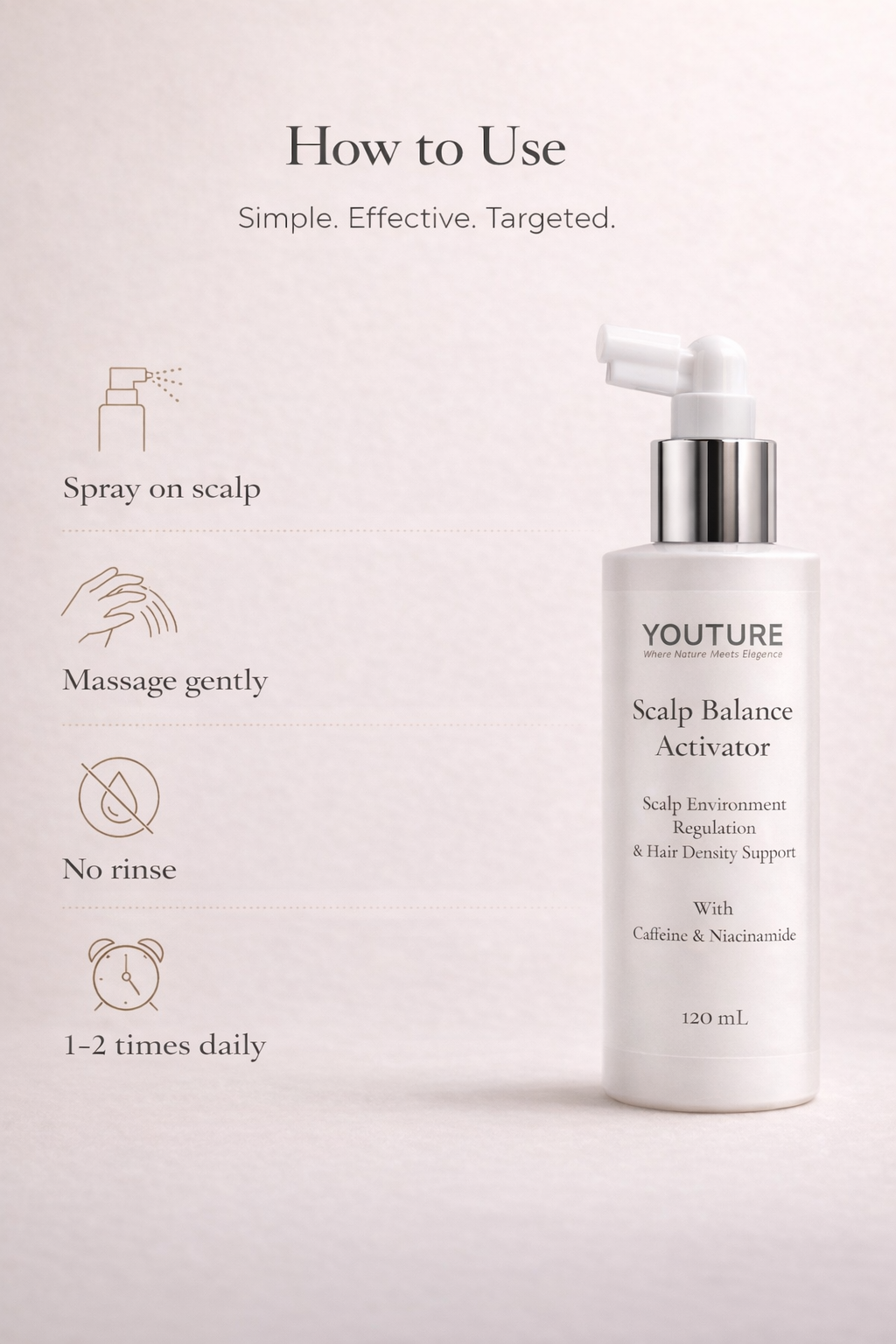 How to use YOUTURE Scalp Balance Activator spray on scalp, massage gently, leave in treatment