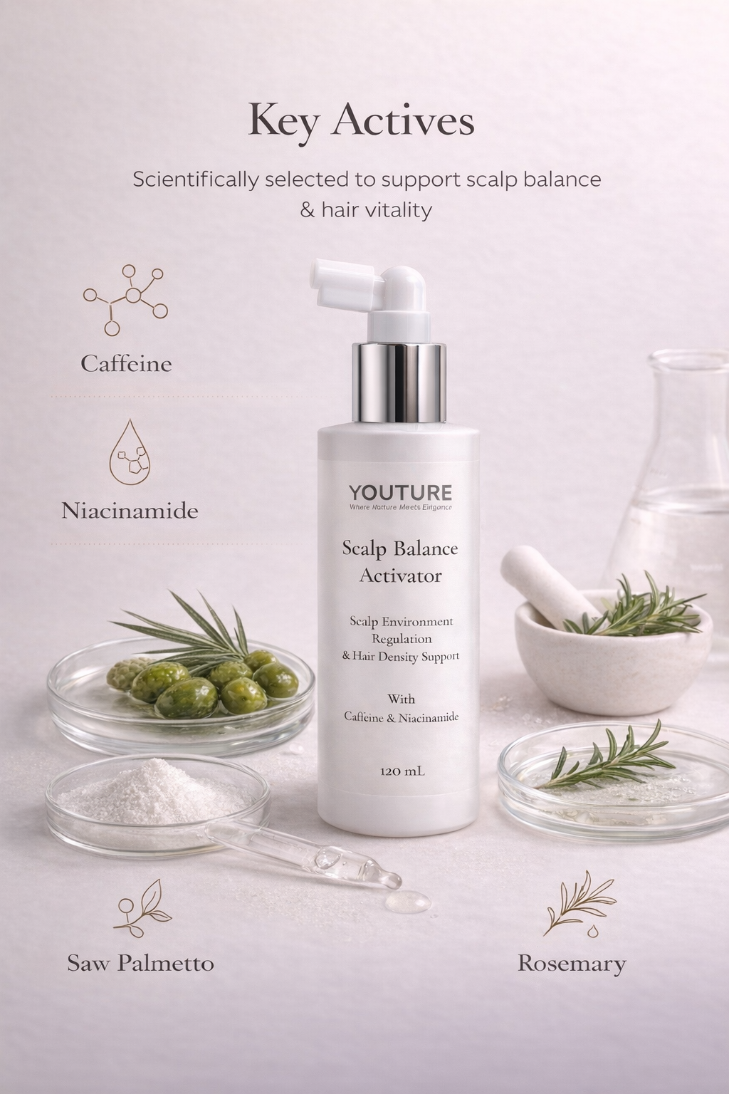 Key active ingredients in YOUTURE Scalp Balance Activator including caffeine, niacinamide, saw palmetto and rosemary