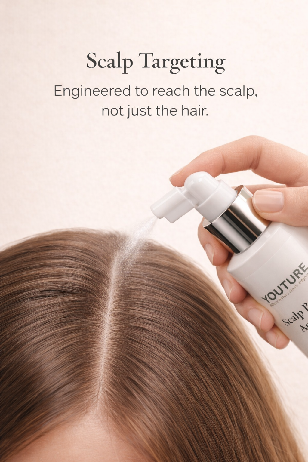 Scalp targeting spray application of YOUTURE Scalp Balance Activator reaching the scalp directly