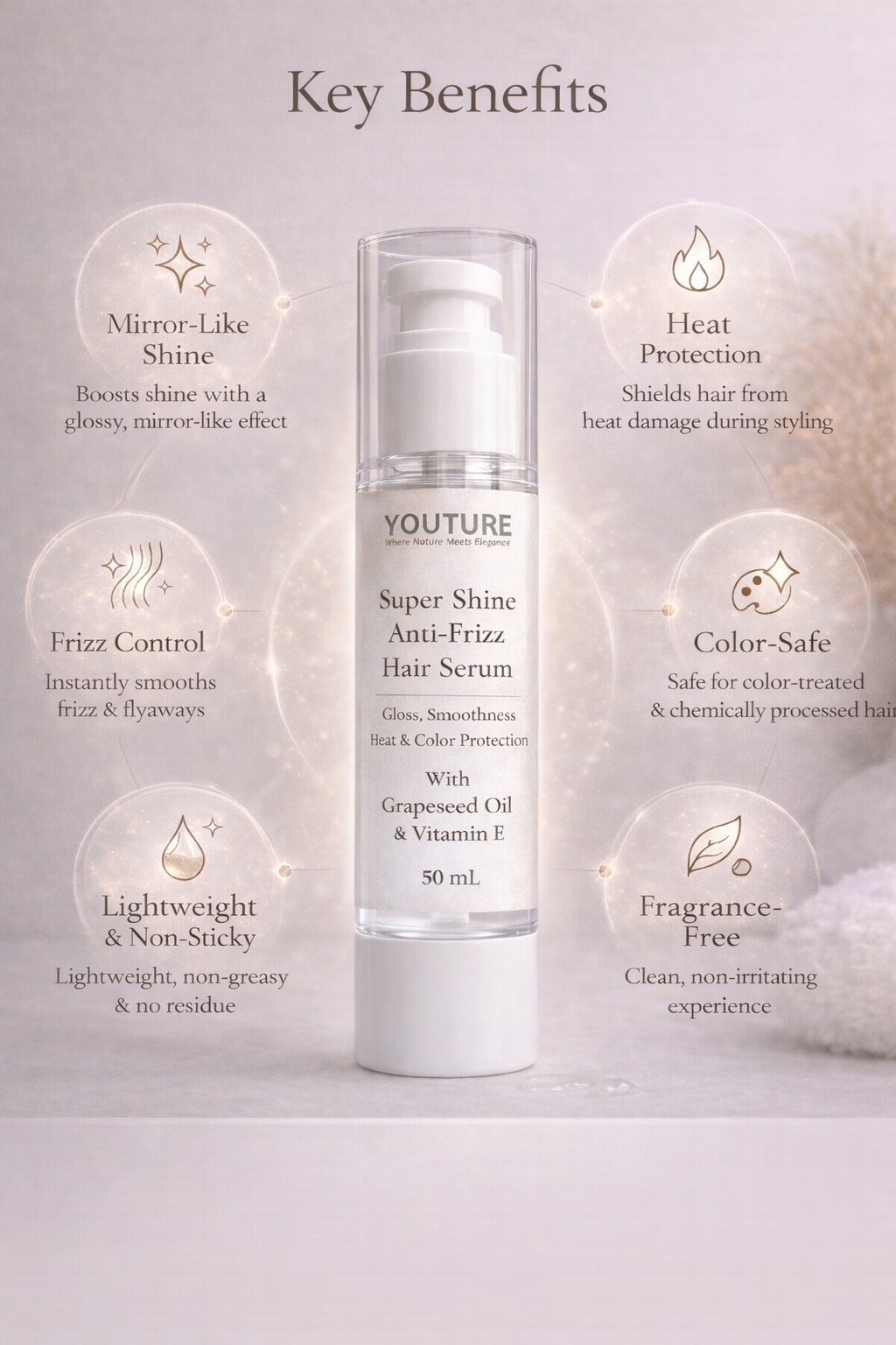 YOUTURE Super Shine Anti-Frizz Hair Serum showing key benefits including mirror-like shine, frizz control, heat protection, color-safe formula, lightweight non-sticky texture and fragrance-free finish