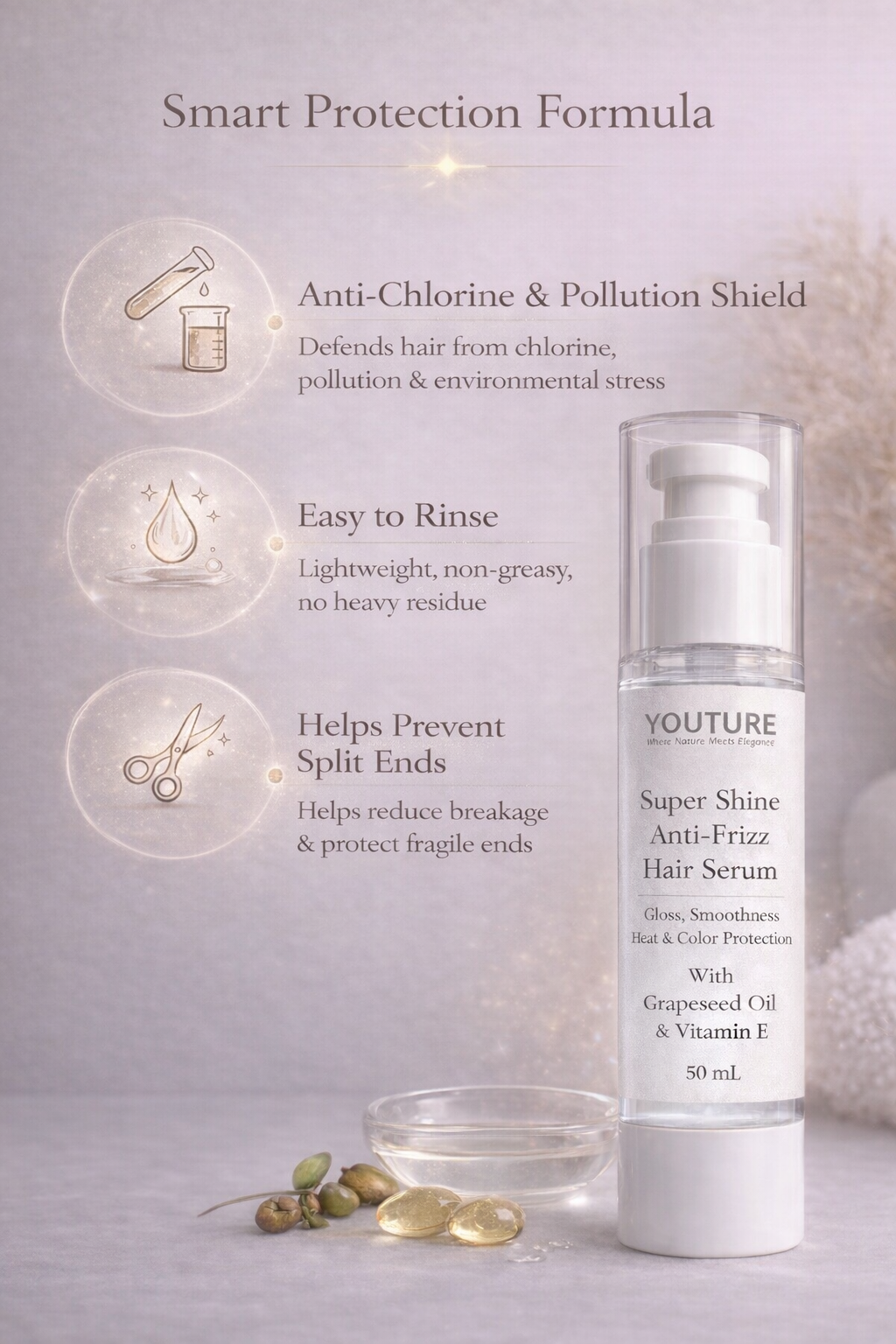 YOUTURE Super Shine Anti-Frizz Hair Serum showing Smart Protection Formula with anti-chlorine shield, easy-to-rinse lightweight texture, and split ends protection for glossy, smooth hair.